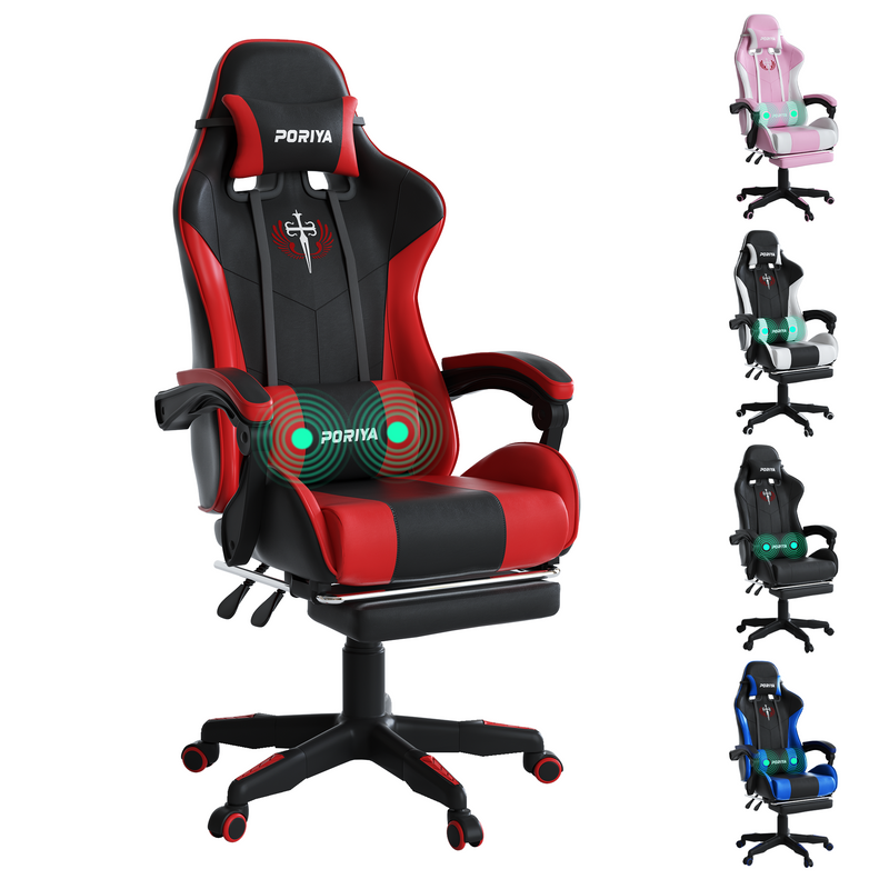 Load image into Gallery viewer, PORIYA Gaming Office Chairs 2-Points Massage Racing RGB LED Leather w/ Footrest