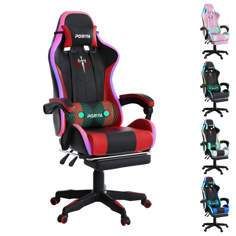 Load image into Gallery viewer, PORIYA Gaming Office Chairs 2-Points Massage Racing RGB LED Leather w/ Footrest