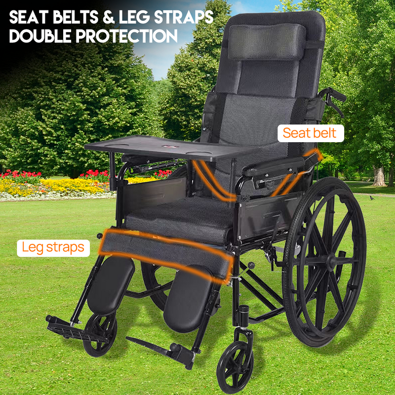 Load image into Gallery viewer, PORIYA 24" Lightweight Foldable Wheelchair 6-Level Recline w/ Dining table Safety Belt