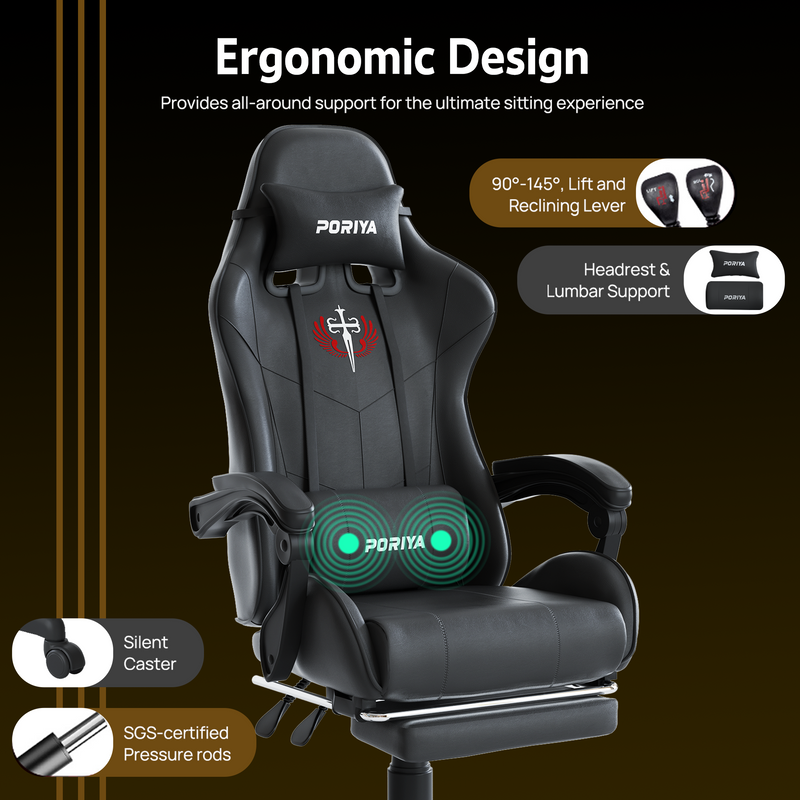 Load image into Gallery viewer, PORIYA Gaming Office Chairs 2-Points Massage Racing RGB LED Leather w/ Footrest