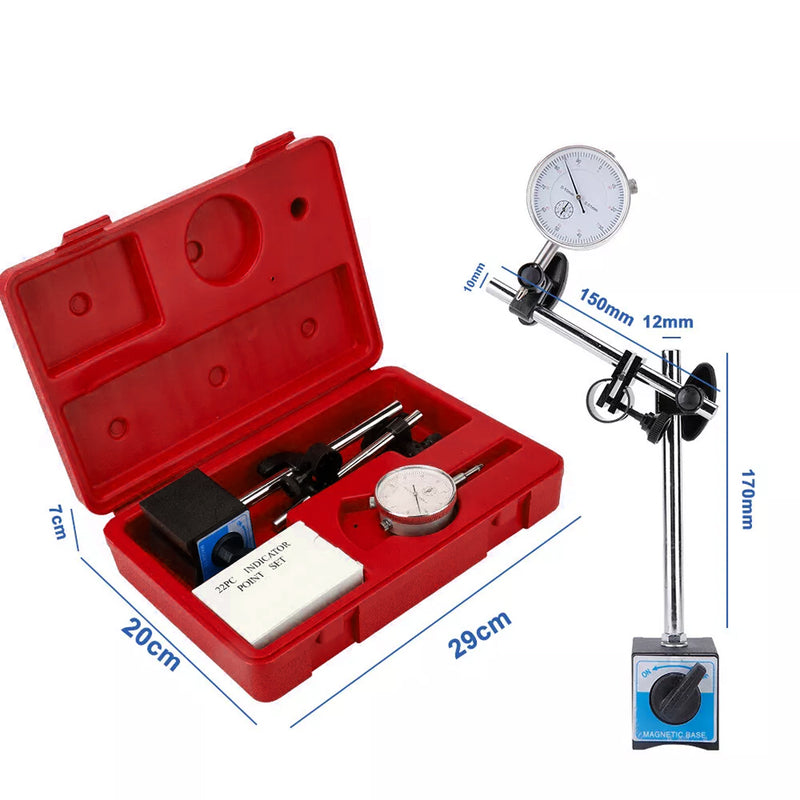 Load image into Gallery viewer, PORIYA 0-10mm Dial Indicator Gauge With Magnetic Base 60KG Pull 22 Indicator Point Set
