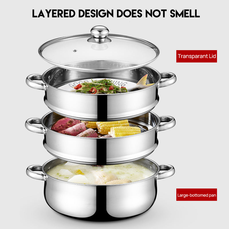 Load image into Gallery viewer, PORIYA 3/4 Tier Stainless Steel Steamer Meat Vegetable Pot Steaming Cookware Kitchen