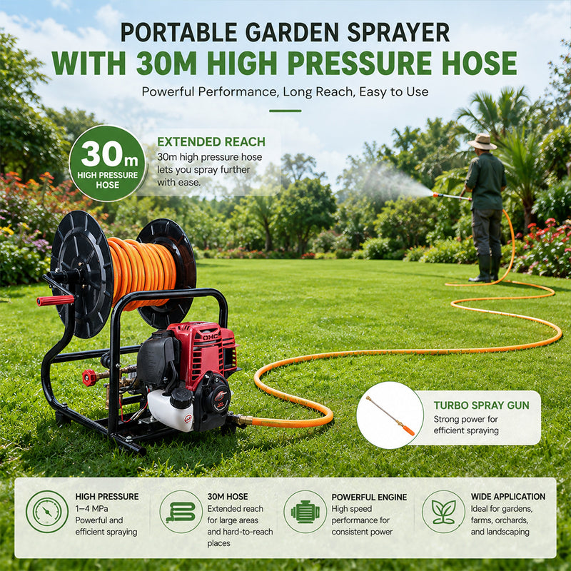 Load image into Gallery viewer, PORIYA Garden Weed Sprayer Pump 4 Stroke Petrol Engine Motor Hose Reel Kit Pest Control