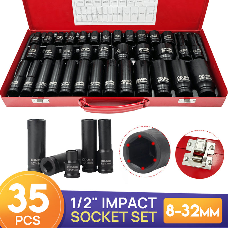 Load image into Gallery viewer, PORIYA 21/35PCS Metric 1/2" Drive Deep Impact Sockets Tools 8-36MM Garage Workshop Set