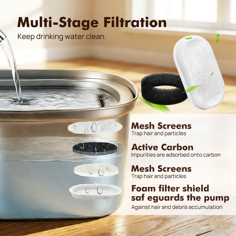 Load image into Gallery viewer, PORIYA 304 Stainless Steel Water Fountain Pet Dog Cat Drinking Dispenser Filter Feeder
