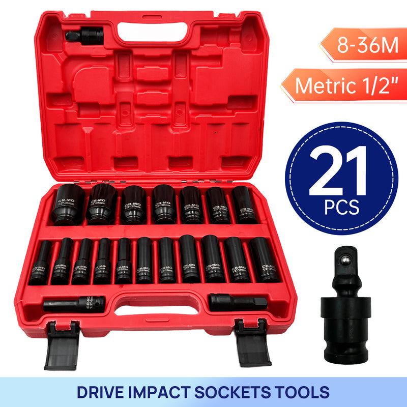 Load image into Gallery viewer, PORIYA 21/35PCS Metric 1/2" Drive Deep Impact Sockets Tools 8-36MM Garage Workshop Set