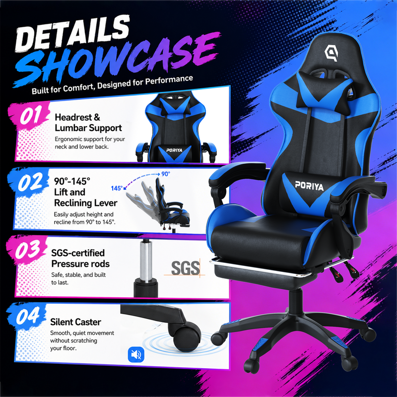 Load image into Gallery viewer, PORIYA Gaming Chair Home Office Computer Seat Racing PU Executive Recliner Chair Blue