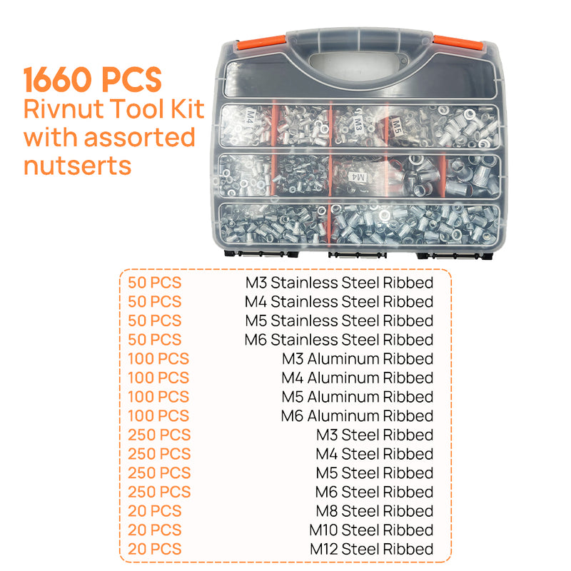 Load image into Gallery viewer, PORIYA Heavy Duty 1660pcs Nutsert Tool Kit Rivnut Riveter Rivet Nut Gun M3-12 Mandrels