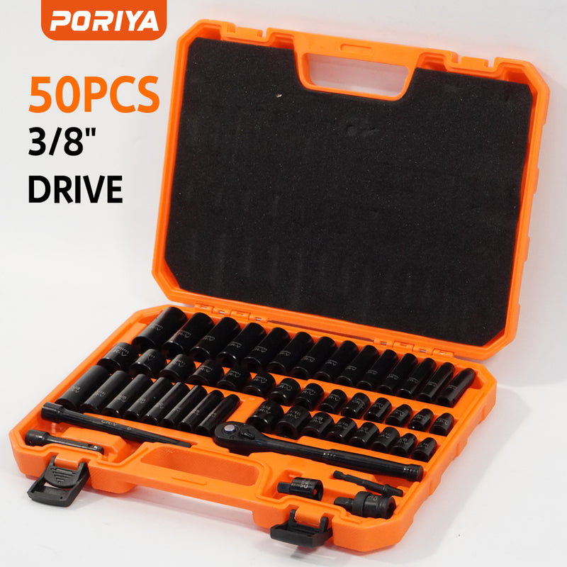 Load image into Gallery viewer, PORIYA 50Pc 3/8" Drive Impact Socket Set Ratchet Wrench Metric SAE Deep Short Sockets