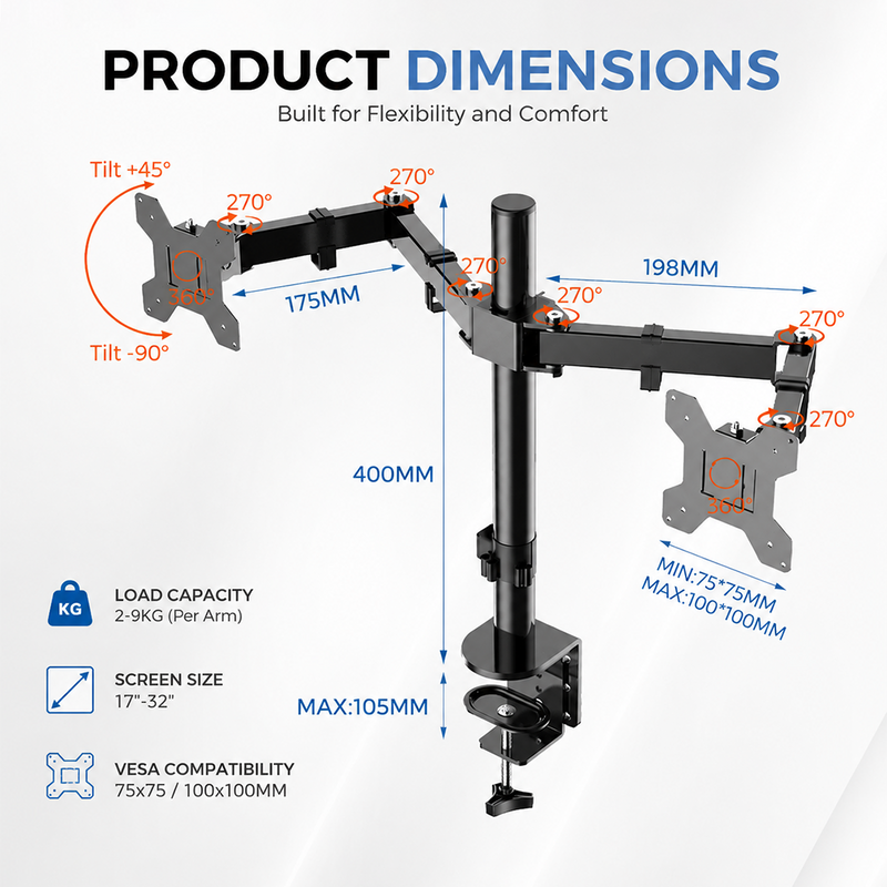 Load image into Gallery viewer, PORIYA Monitor Arm Dual Desk Mount 10-32'' Displays Screen Bracket Holder Black