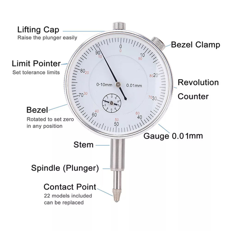 Load image into Gallery viewer, PORIYA 0-10mm Dial Indicator Gauge With Magnetic Base 60KG Pull 22 Indicator Point Set