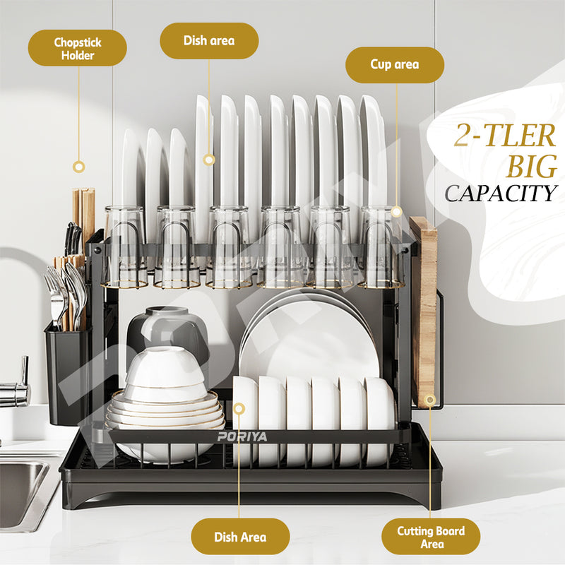 Load image into Gallery viewer, PORIYA Large Capacity Dish Drainer Carbon Steel Dish Drying Rack Drainboard Dish Rack