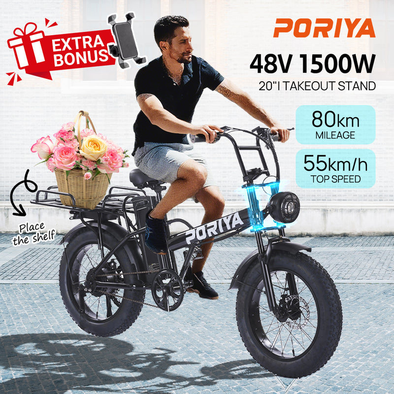 Load image into Gallery viewer, PORIYA Electric Bicycle 48V 18Ah Ebike 1500W Mountain Bike 20'' 55KM/H W/ Delivery Rack