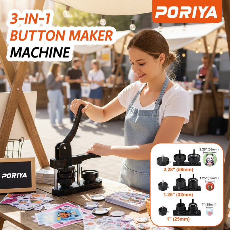 Load image into Gallery viewer, PORIYA 3-in-1 Button Maker Machine 25/32/58mm Pin Badge Maker 300 Button Parts