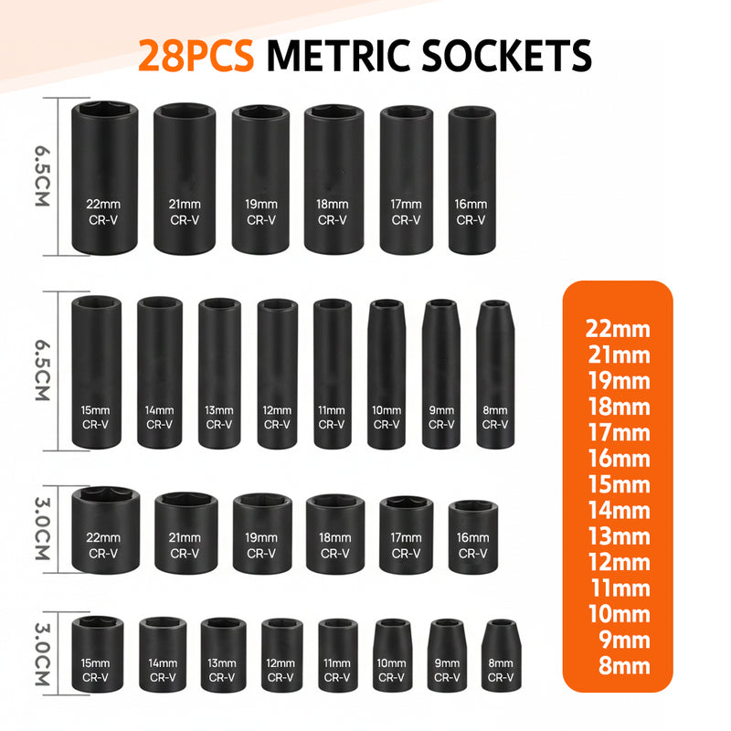 Load image into Gallery viewer, PORIYA 50Pc 3/8" Drive Impact Socket Set Ratchet Wrench Metric SAE Deep Short Sockets