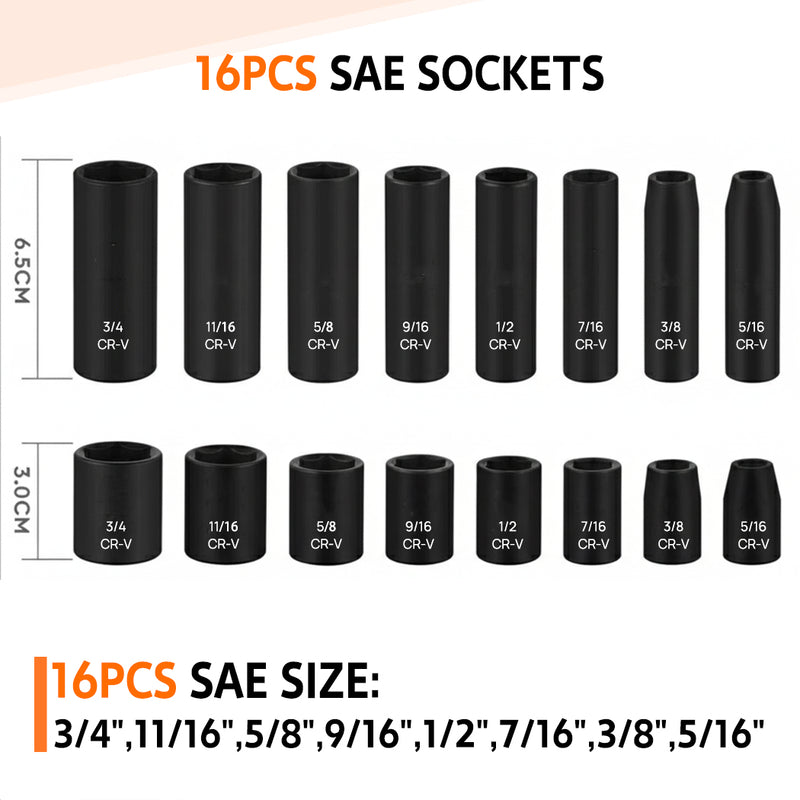 Load image into Gallery viewer, PORIYA 50Pc 3/8" Drive Impact Socket Set Ratchet Wrench Metric SAE Deep Short Sockets