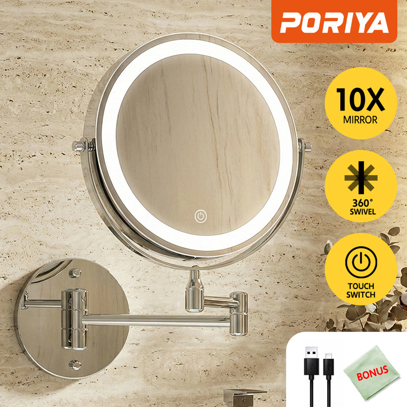 Load image into Gallery viewer, PORIYA 8" Makeup Mirror 1X/10X Magnifying 360° Rotate Extendable Mirror 54 LEDs Mirror