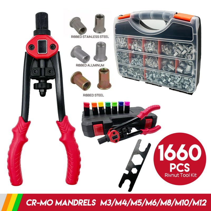 Load image into Gallery viewer, PORIYA Heavy Duty 1660pcs Nutsert Tool Kit Rivnut Riveter Rivet Nut Gun M3-12 Mandrels
