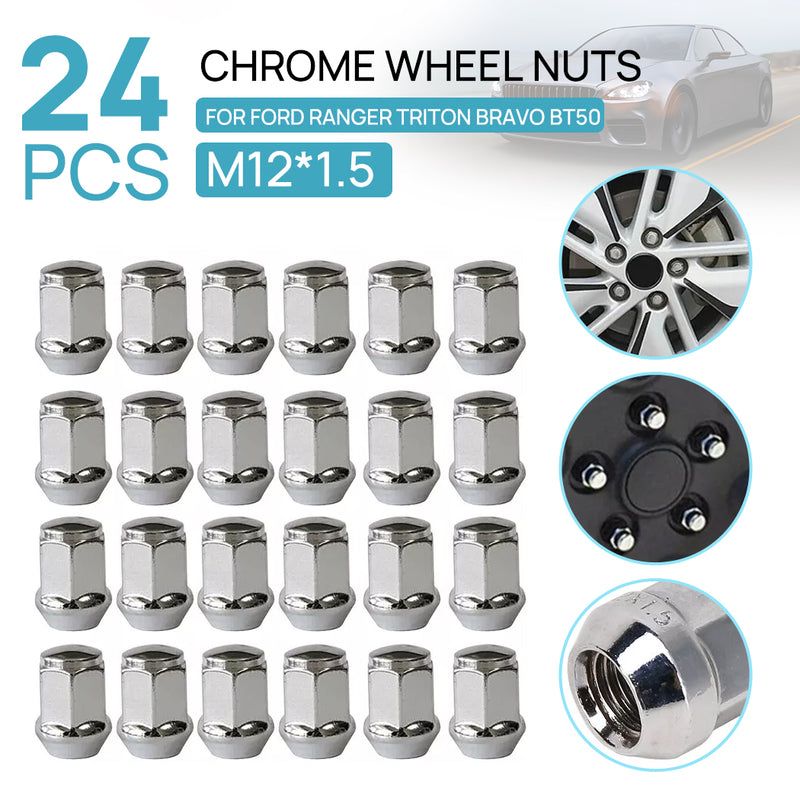 Load image into Gallery viewer, PORIYA 24x M12x1.5 Chrome Wheel Nuts For Ford Ranger Mitsubishi Triton Mazda Bravo Bt50