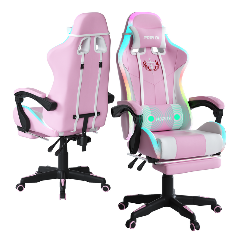 Load image into Gallery viewer, PORIYA Gaming Office Chairs 2-Points Massage Racing RGB LED Leather w/ Footrest
