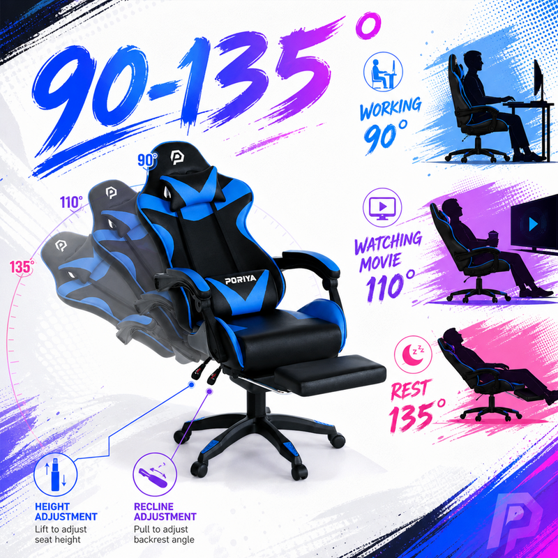 Load image into Gallery viewer, PORIYA Gaming Chair Home Office Computer Seat Racing PU Executive Recliner Chair Blue