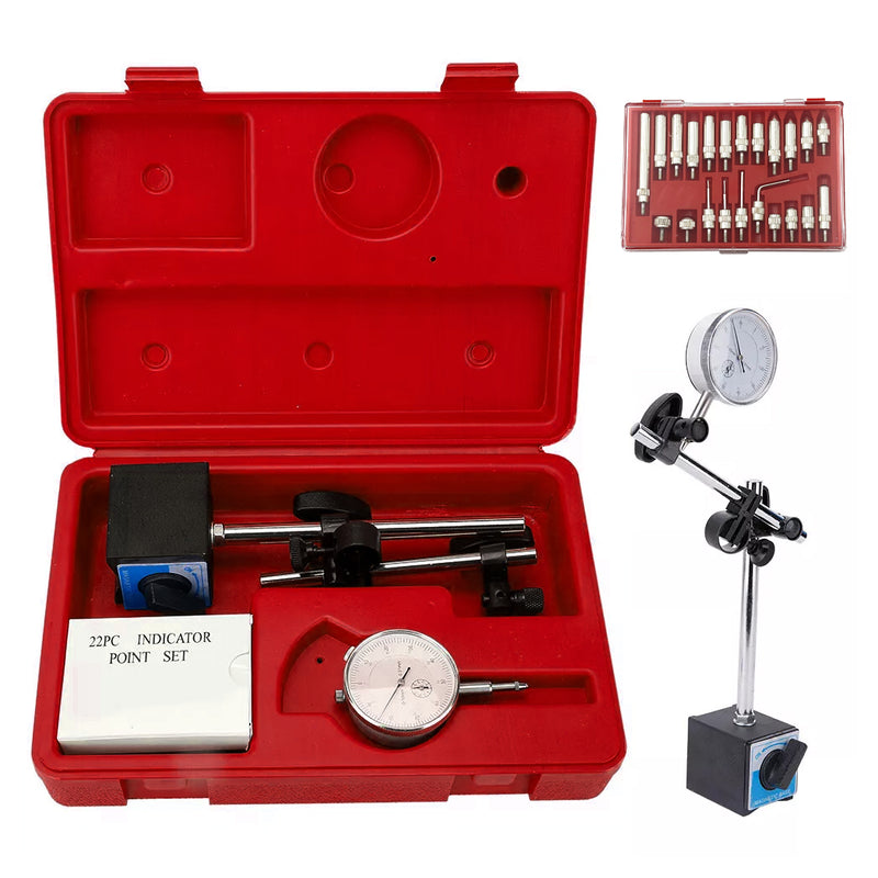 Load image into Gallery viewer, PORIYA 0-10mm Dial Indicator Gauge With Magnetic Base 60KG Pull 22 Indicator Point Set