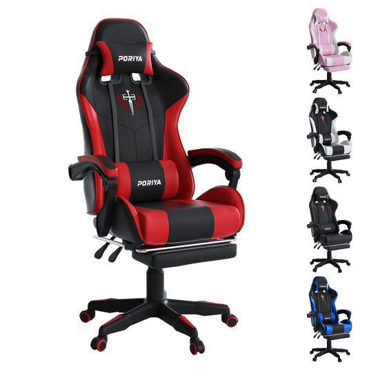 PORIYA Ergonomic Gaming Chair PU Home Office Reclining Computer Chair w/Footrest