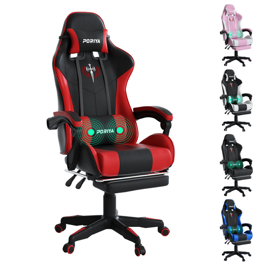 PORIYA Gaming Office Chairs 2-Points Massage Racing RGB LED Leather w/ Footrest