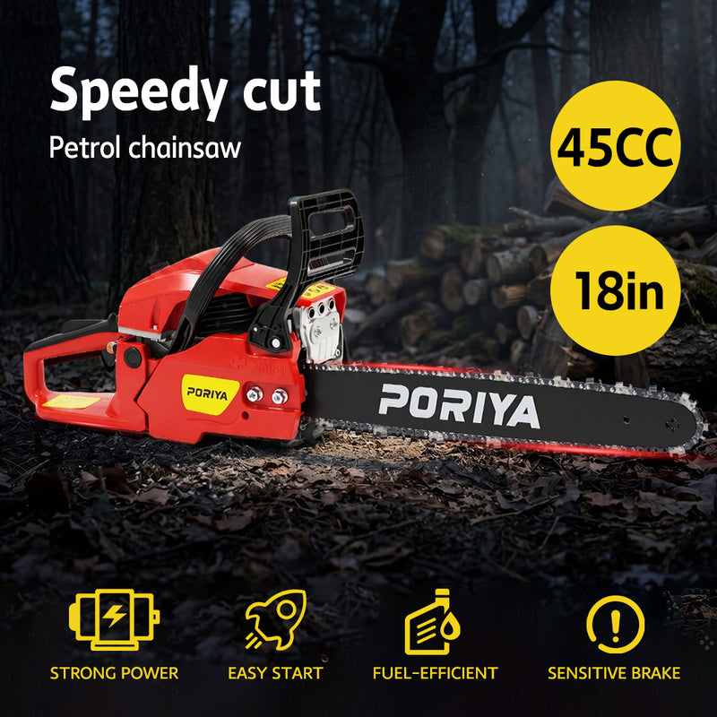 Load image into Gallery viewer, PORIYA 45cc Petrol Chainsaw Commercial 18" Bar Chain Saw E-Start Tree Pruning

