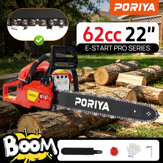 PORIYA 62cc Petrol Chainsaw Commercial 22" Bar Chain Saw E-Start Tree Pruning