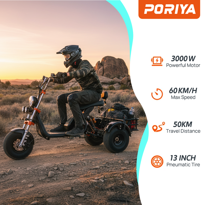 Load image into Gallery viewer, PORIYA Electric Scooter 3000W 60KM/H Adult Off Road 3 Wheels E-Scooter w/ Basket
