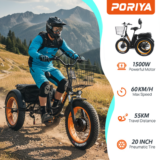 PORIYA 20" Foldable Electric Tricycle 1500W Fat Tire 3 Wheel Bike 55km/h E-Trike 60km