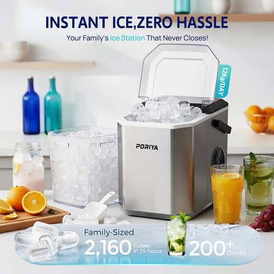 PORIYA Portable Ice Maker Machine Ice Cube Tray 12kg Bar Countertop Non-slip