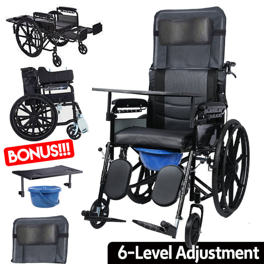 PORIYA 24" Lightweight Foldable Wheelchair 6-Level Recline w/ Dining table Safety Belt