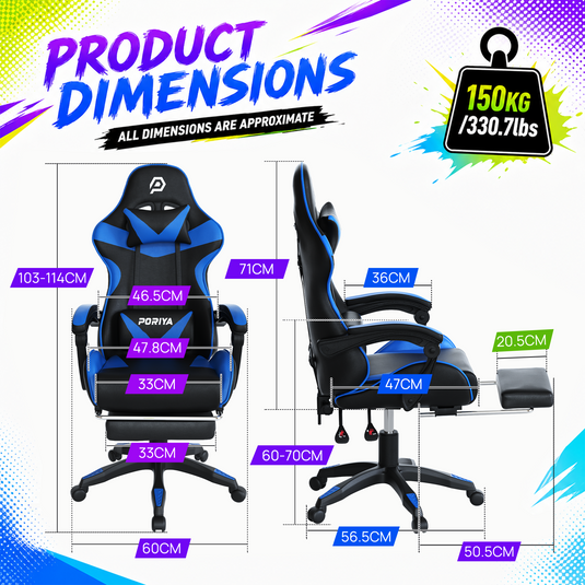 PORIYA Gaming Chair Home Office Computer Seat Racing PU Executive Recliner Chair Blue
