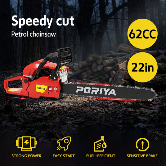 PORIYA 62cc Petrol Chainsaw Commercial 22" Bar Chain Saw E-Start Tree Pruning