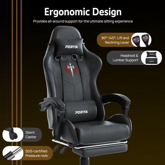 PORIYA Ergonomic Gaming Chair PU Home Office Reclining Computer Chair w/Footrest