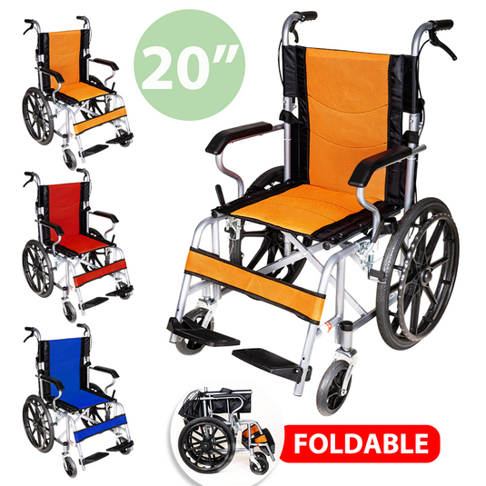 20" Foldable Wheelchair Park Brakes Lightweight Soft for Elderly and Disabled
