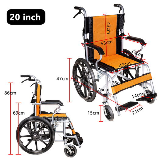 20" Foldable Wheelchair Park Brakes Lightweight Soft for Elderly and Disabled