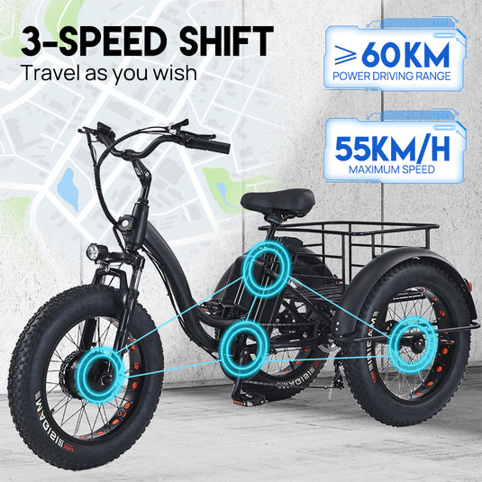 1500W Electric Tricycle escooter Urban City Bicycle Rechargeable 20" Fat Tyre