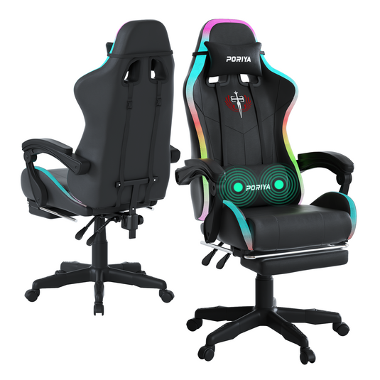 PORIYA Gaming Office Chairs 2-Points Massage Racing RGB LED Leather w/ Footrest
