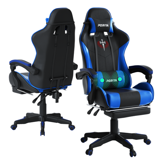 PORIYA Gaming Office Chairs 2-Points Massage Racing RGB LED Leather w/ Footrest