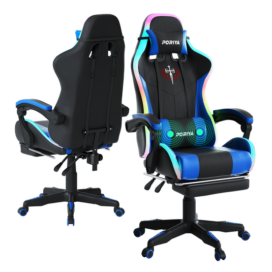 PORIYA Gaming Office Chairs 2-Points Massage Racing RGB LED Leather w/ Footrest