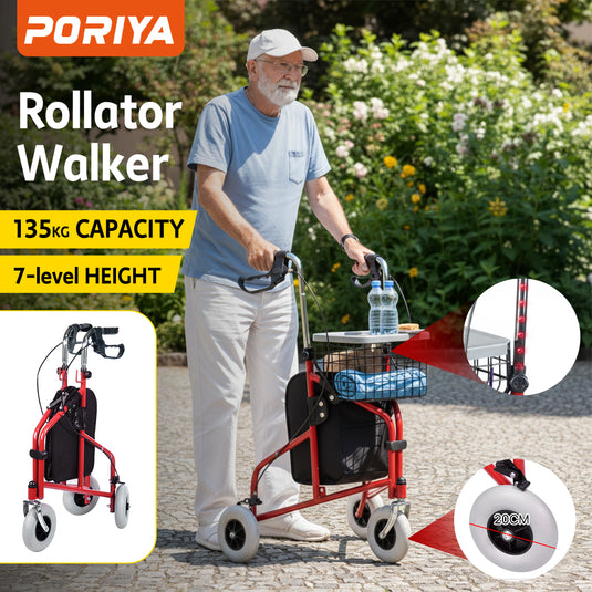 PORIYA Folding Walker Rollator 3 Wheel Mobility Aid Frame Indoor Outdoor Medical w/ Bag