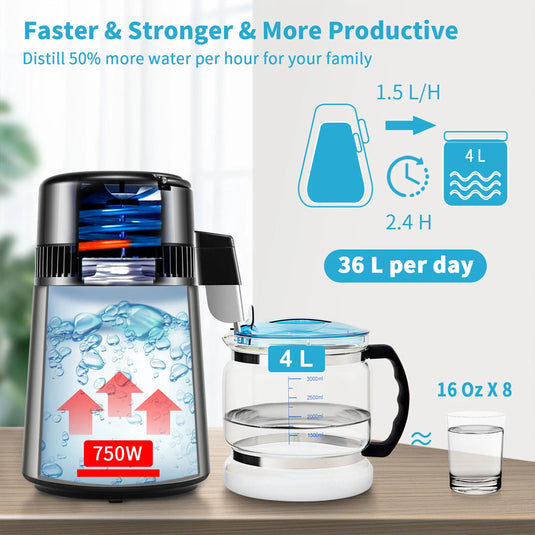 PORIYA 4L Stainless Steel Water Filter Distilled Pure Water Purifier Distiller