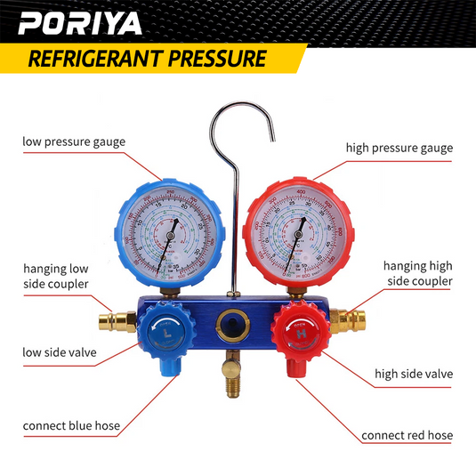 PORIYA Air Conditioner A/C Refrigeration Tools Kit Manifold Gauge Set 5 Feet R134A R12