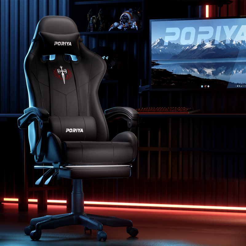 Load image into Gallery viewer, PORIYA Ergonomic Gaming Chair PU Home Office Reclining Computer Chair w/Footrest
