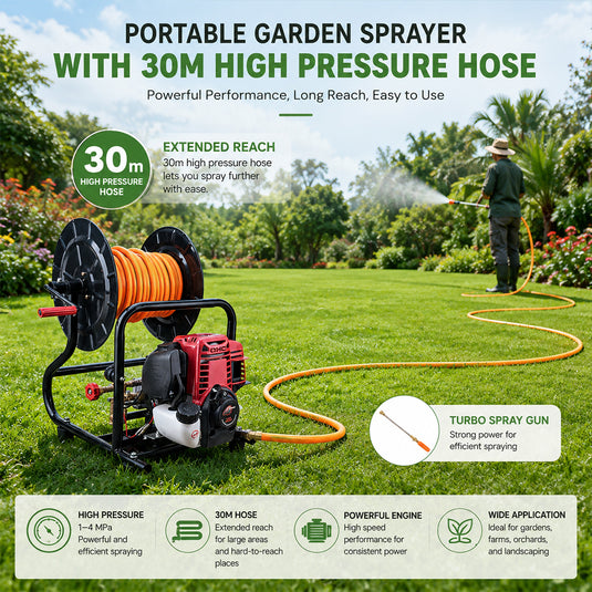 PORIYA Garden Weed Sprayer Pump 4 Stroke Petrol Engine Motor Hose Reel Kit Pest Control