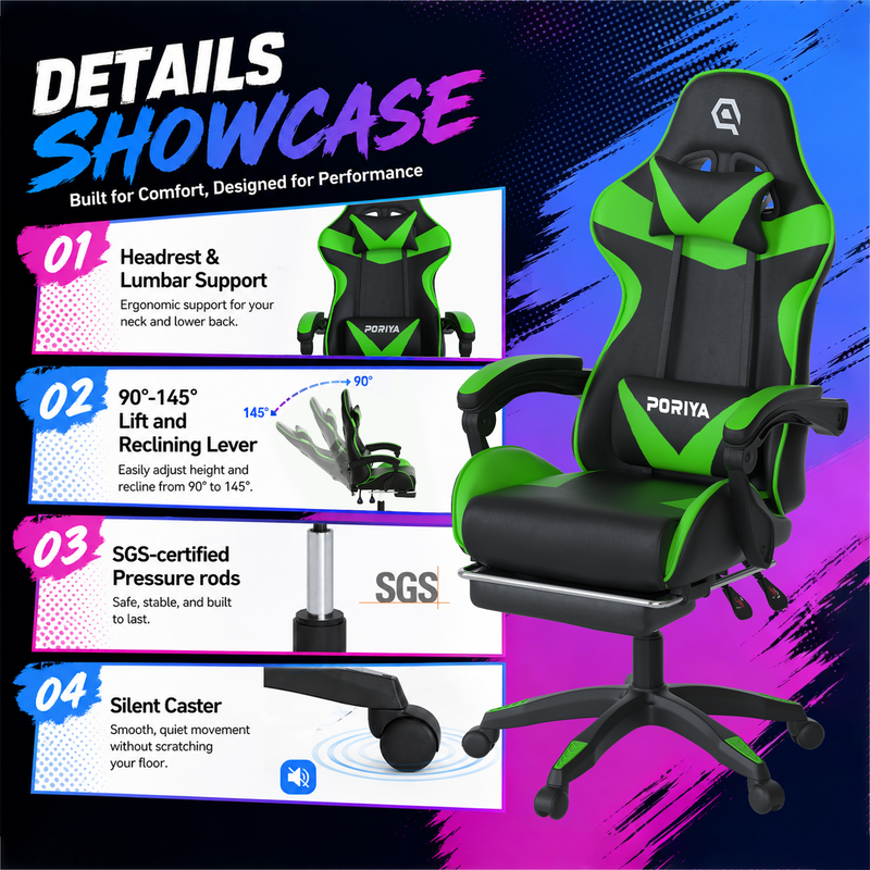 Load image into Gallery viewer, PORIYA Gaming Chair Home Office Computer Seat Racing PU Executive Recliner Chair Green
