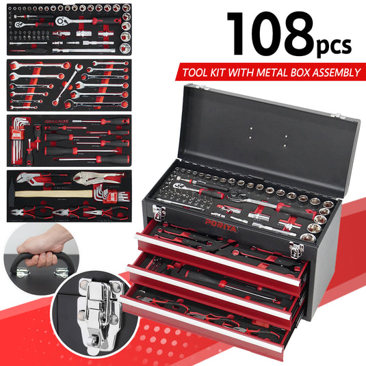 PORIYA 112pcs Tool Box Trolley Tool Set Portable Tool Kit DIY Hand Tool Set